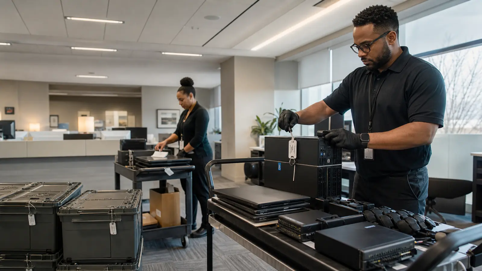 Financial-services technology team securing retired computers and network equipment for disposition