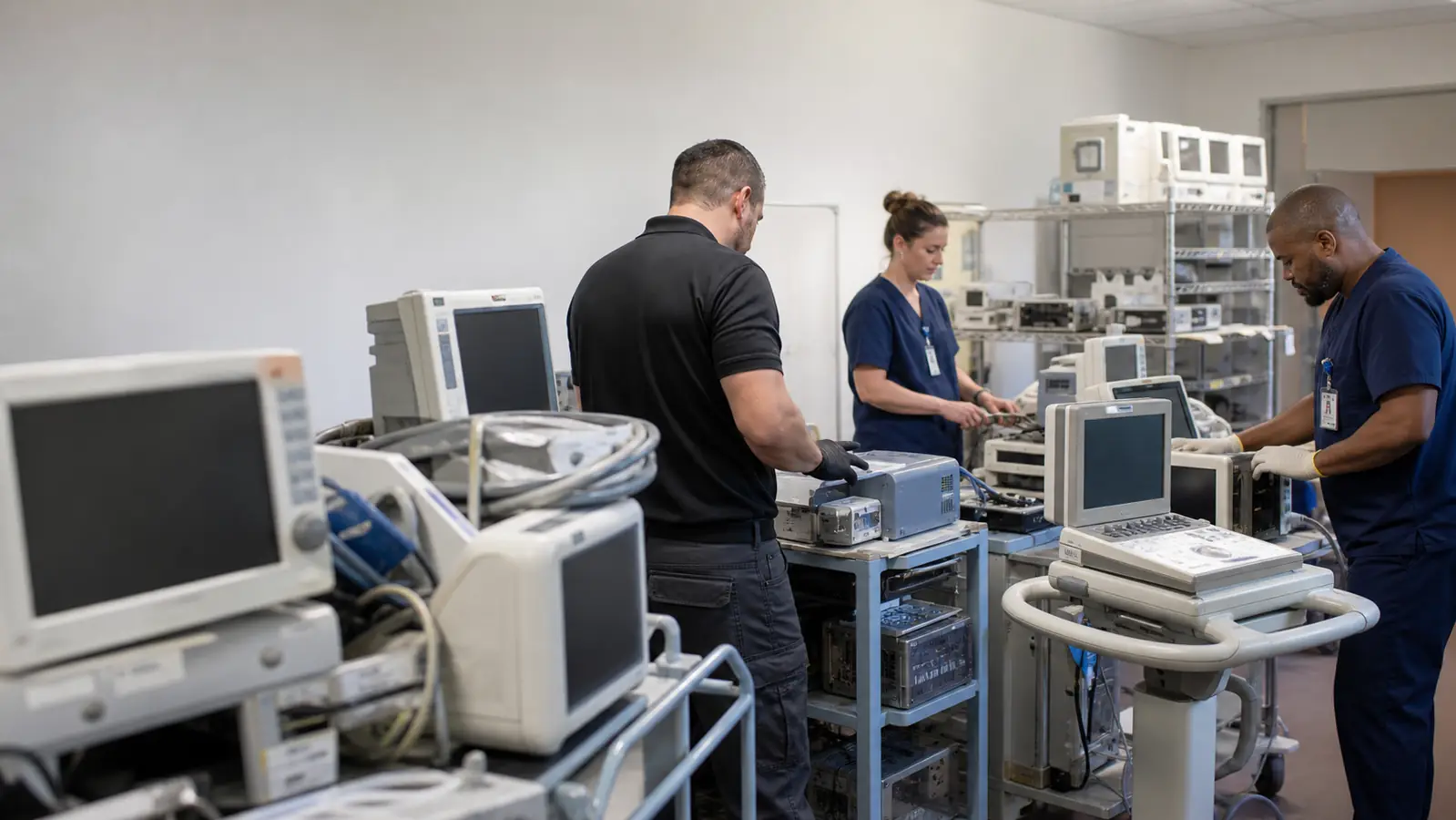 Hospital technology team inventorying retired clinical electronics
