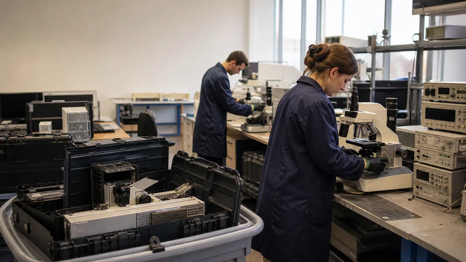 Research laboratory staff decommissioning microscopes and test equipment