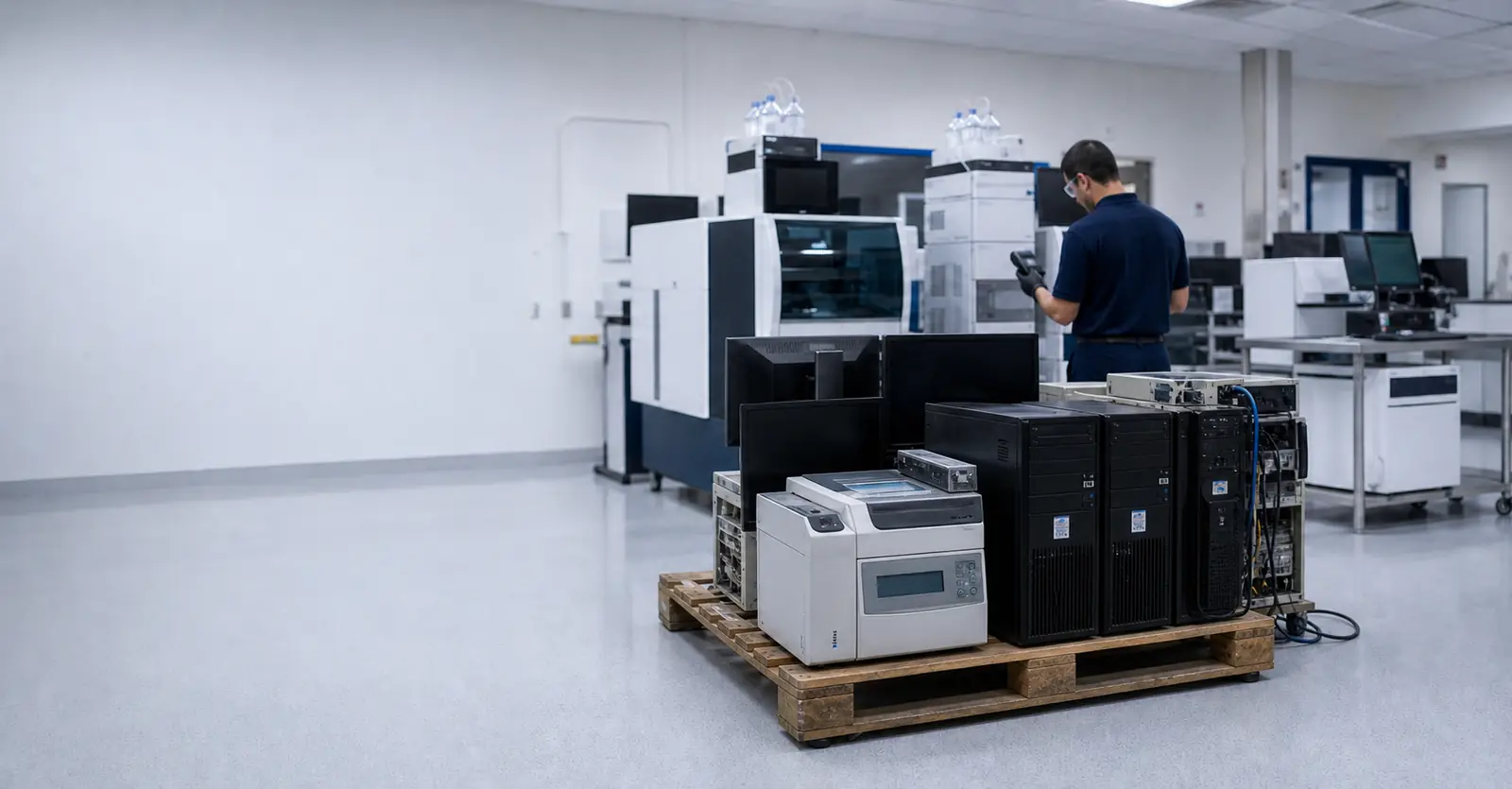 Technician inventorying medical and scientific equipment in a controlled laboratory environment